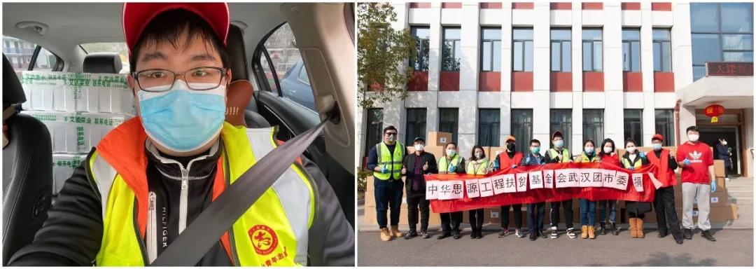 左圖：10輛轎車(chē)后座和后備箱堆滿了菜，出發(fā)送給社區(qū)；右圖：各位志愿者協(xié)助接收消毒防護(hù)物資